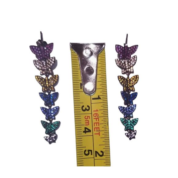 Sparkly Colorful Rhinestone Rainbow Pavé Crystals Dangling Butterfly Earrings - Picture 5 of 6
